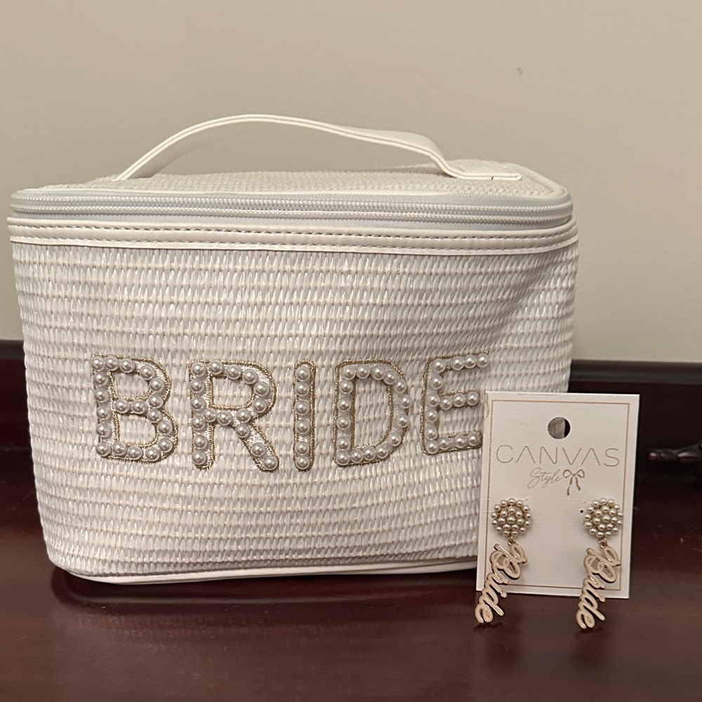 “Bride” Cosmetic tote w/ earrings